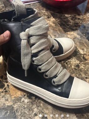 Rick Owens Black Leather High-Top Boots with Cream Laces